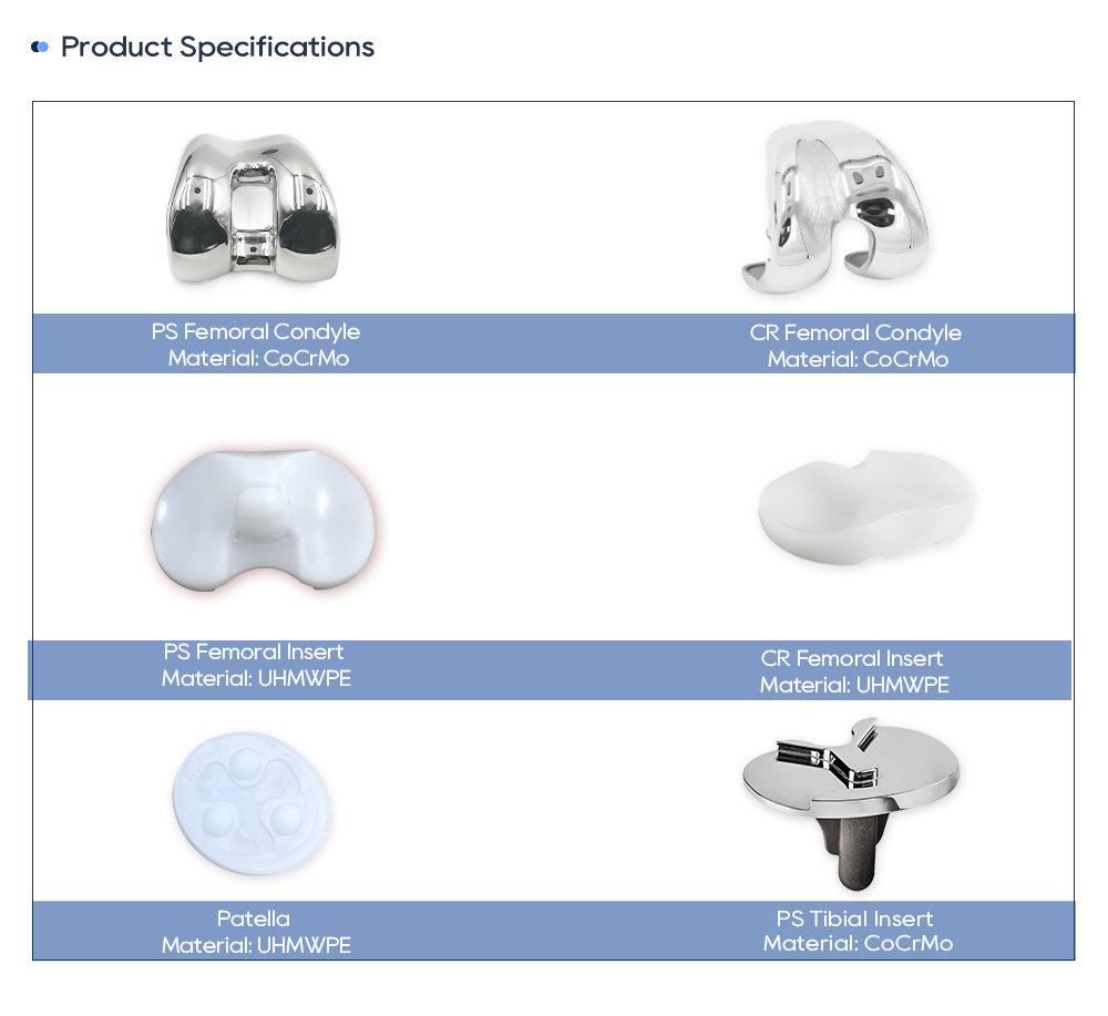 Knee prosthesis components: PS and CR femoral condyles, femoral inserts, patella and tibial tray