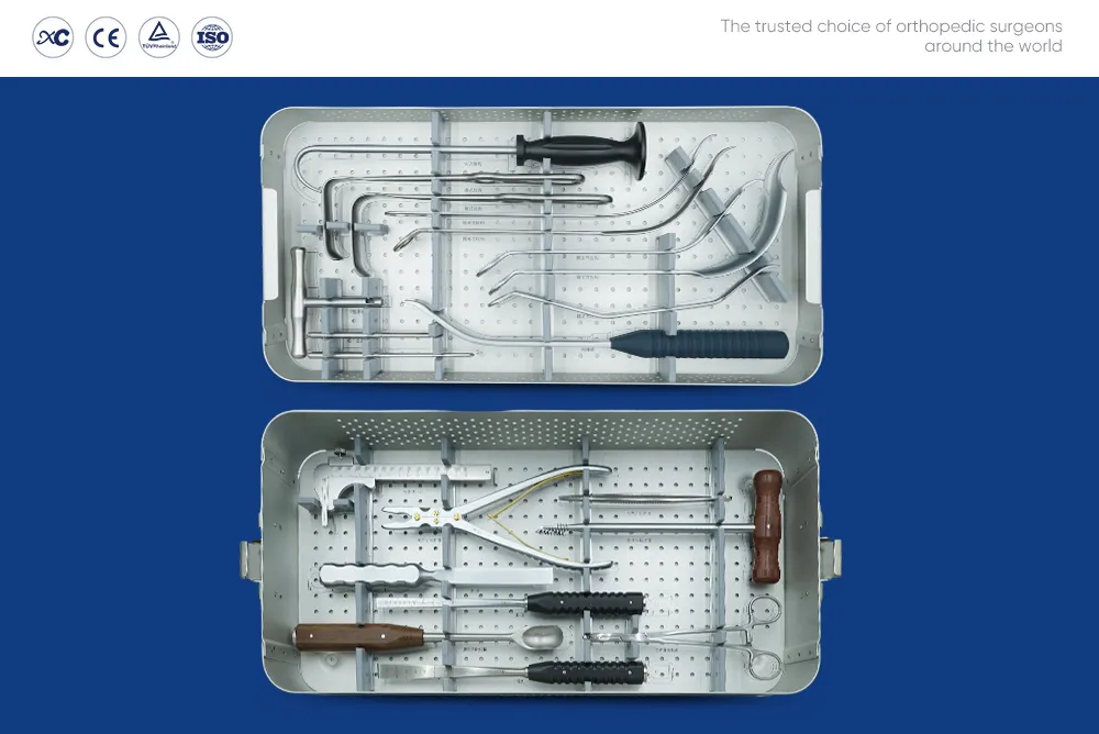Hip surgery instrument set with two stainless steel trays of hip retractors, levers and forceps