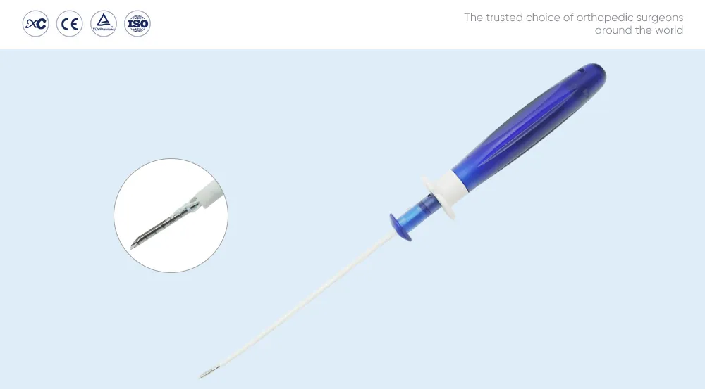 Handheld meniscal suture device with blue ergonomic handle and needle tip close-up
