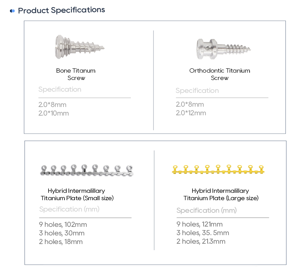 Bone titanium screw, orthodontic titanium screw and hybrid intermaxillary titanium plates in small and large sizes