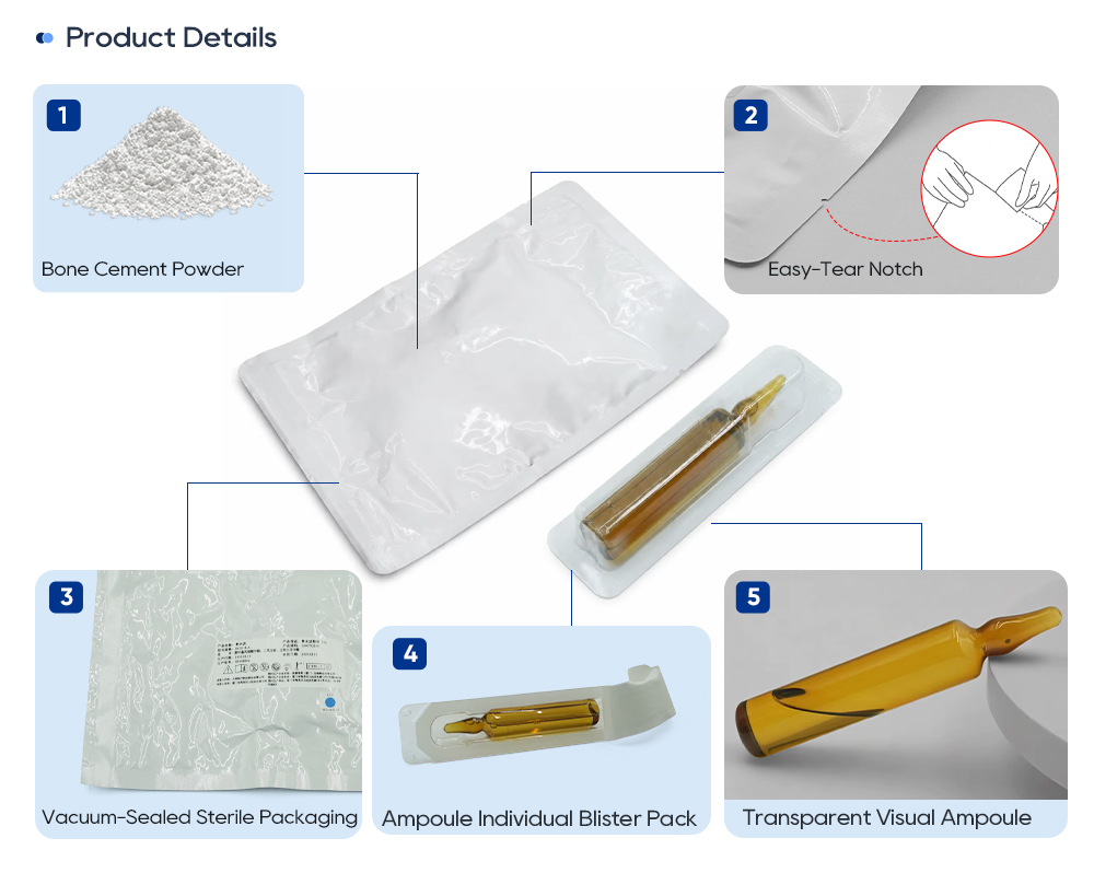 Bone cement powder, easy-tear notch, vacuum-sealed sterile packaging, ampoule blister pack and amber transparent ampoule