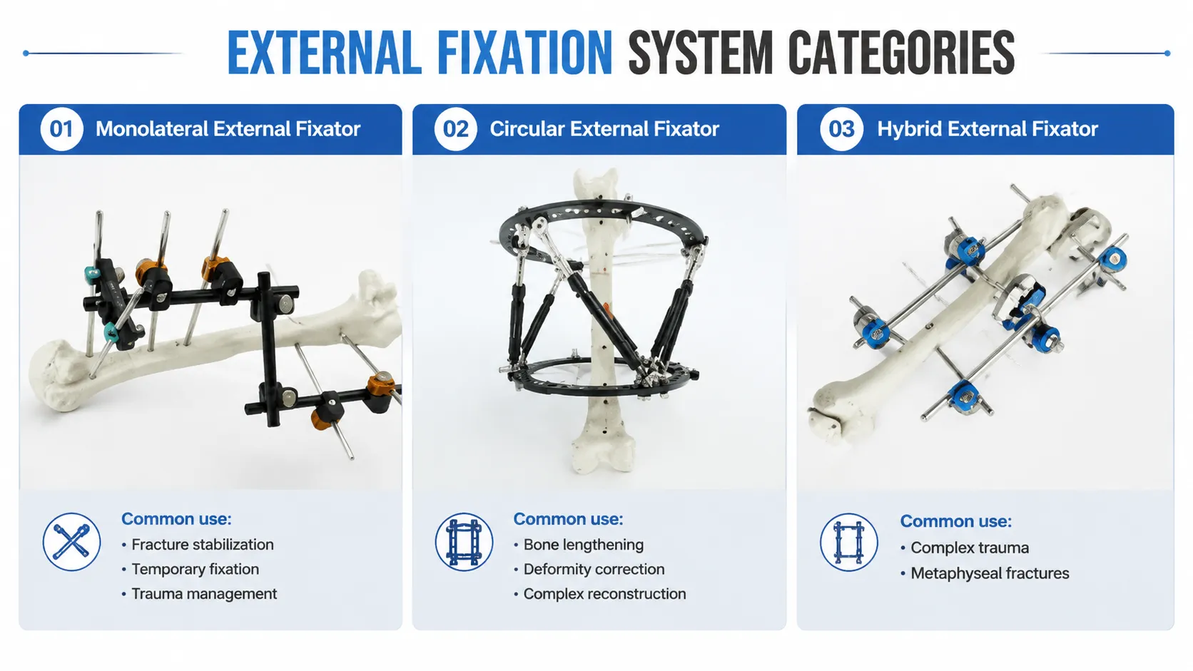 Monolateral circular hybrid and mini external fixator types comparison