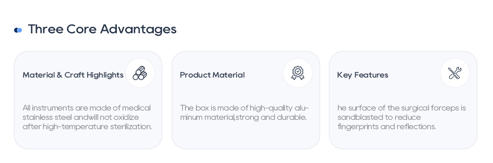Osnovne prednosti: medicinski nehrđajući čelik, izdržljiva aluminijska kutija i pjeskarena kirurška pinceta