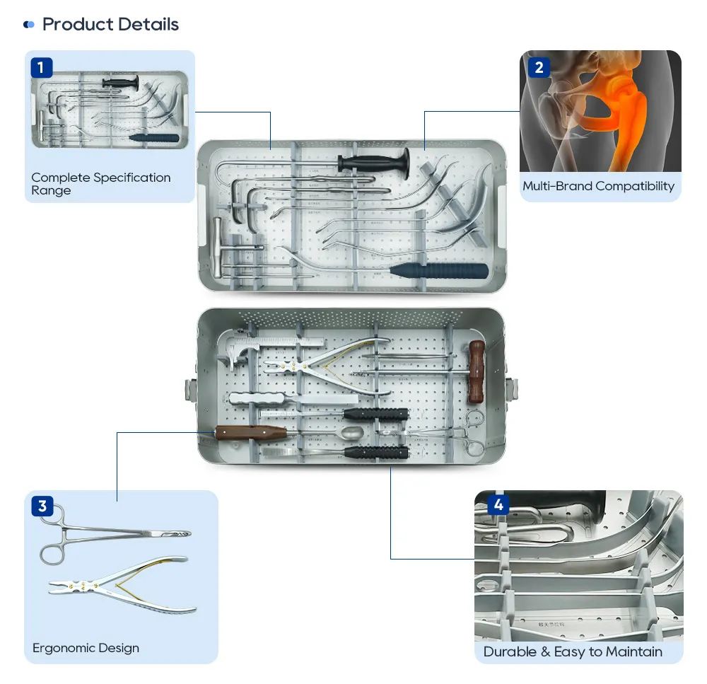 Hip surgery instrument set details: hip retractors, forceps, rongeur and stainless steel sterilization trays