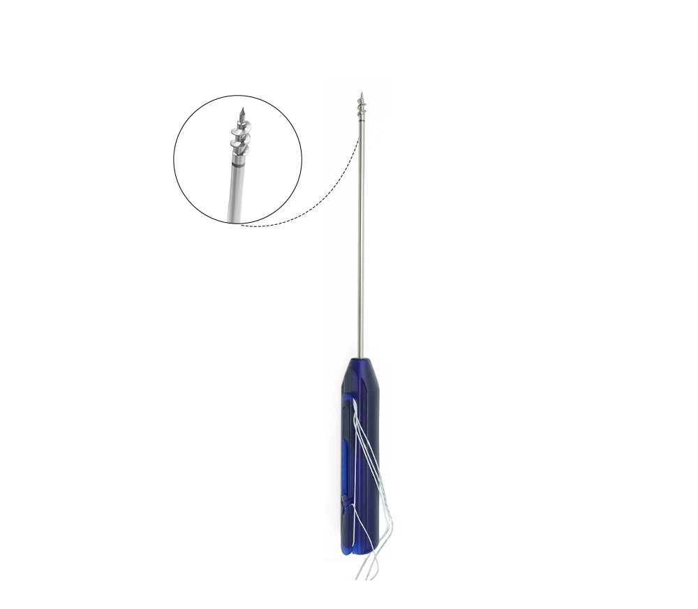 Self-tapping titanium suture anchor tip close-up on inserter with marking line