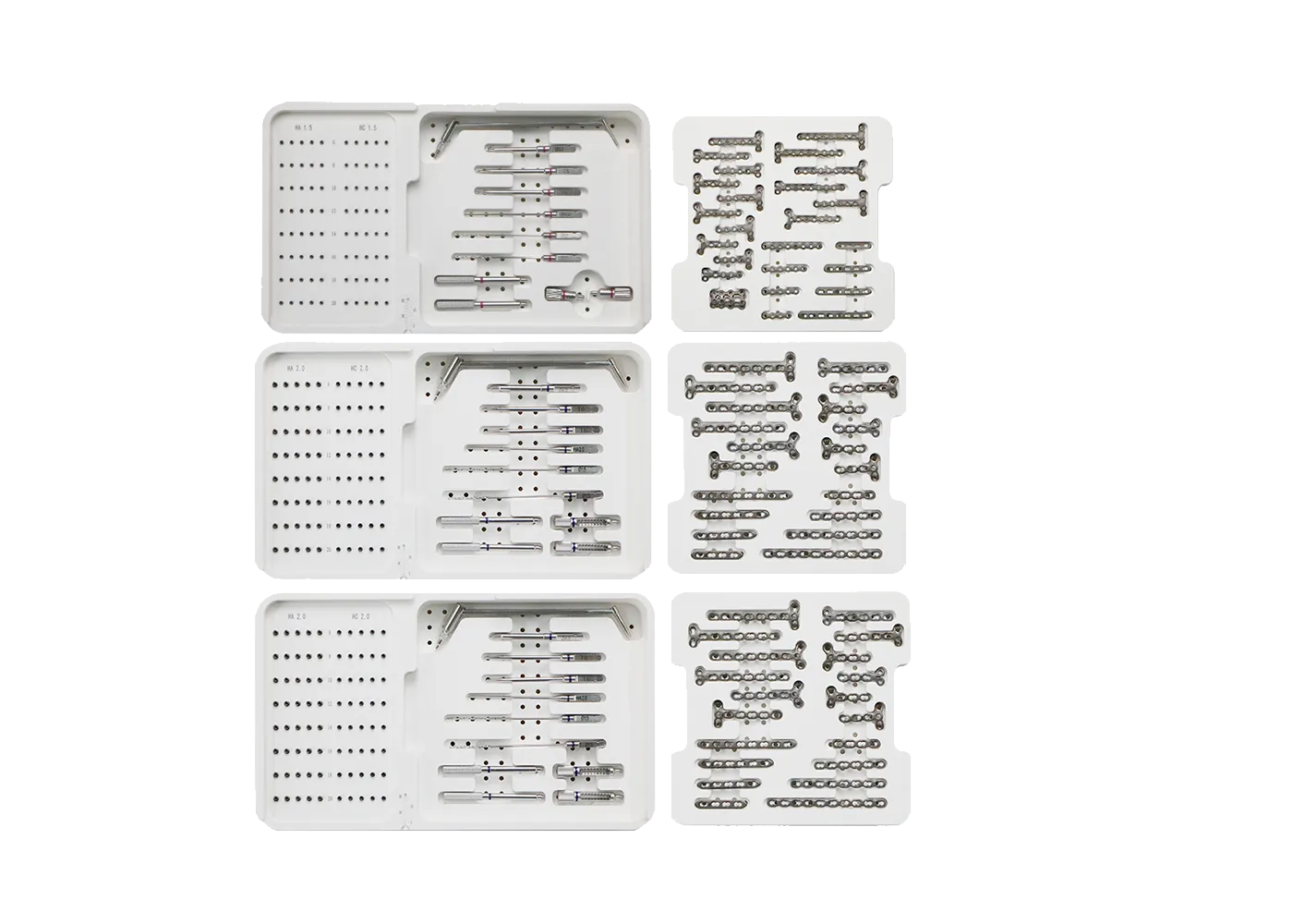 Separate 1.5 2.0 and 2.4 mm micro fragment implant and instrument sets