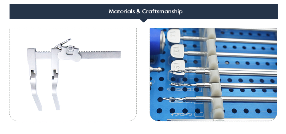Medical-grade stainless steel cervical retractor and depth-marked drill bits in the instrument tray