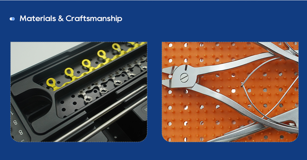 Pure titanium hybrid intermaxillary plates and medical-grade stainless steel bending pliers close-up
