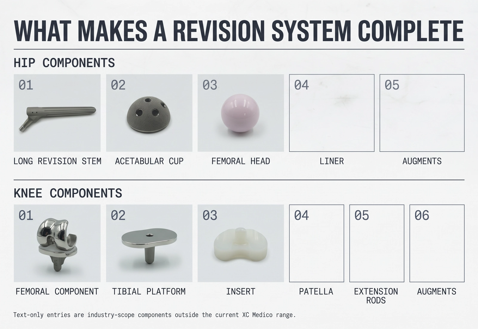 Revision hip and knee components including stems, augments and bearings