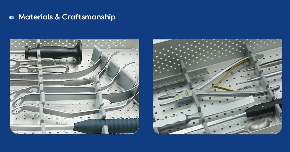 Polished stainless steel hip retractors and forceps in perforated sterilization tray