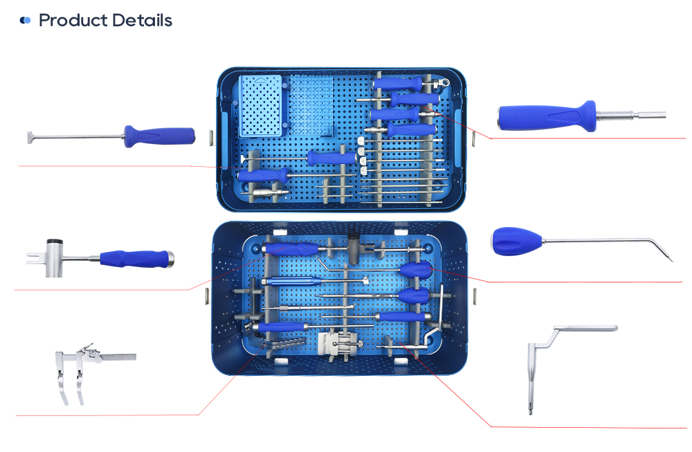 Zero profile cervical cage instruments: flat type pusher, hammer, retractor, bone graft inserter, angled awl and drill guider