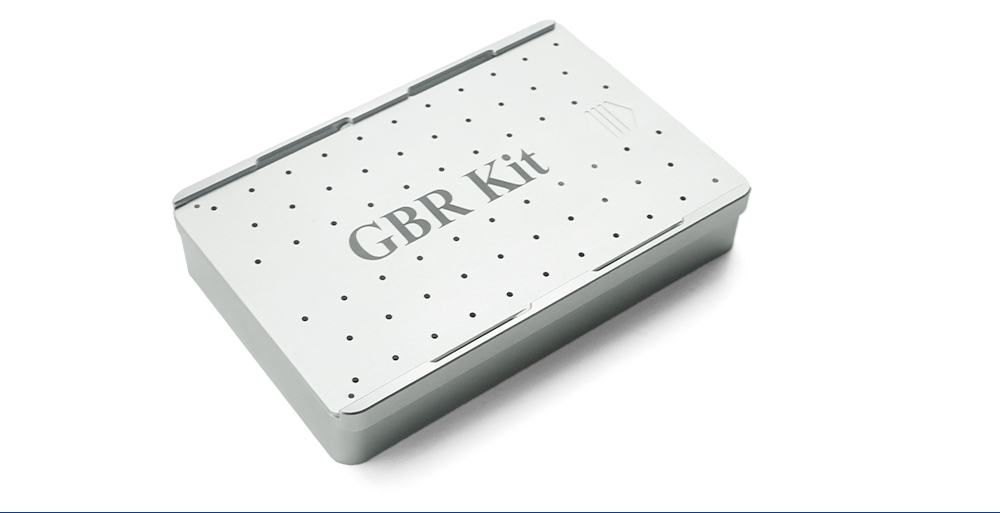 Closed GBR kit aluminum sterilization case, oblique view