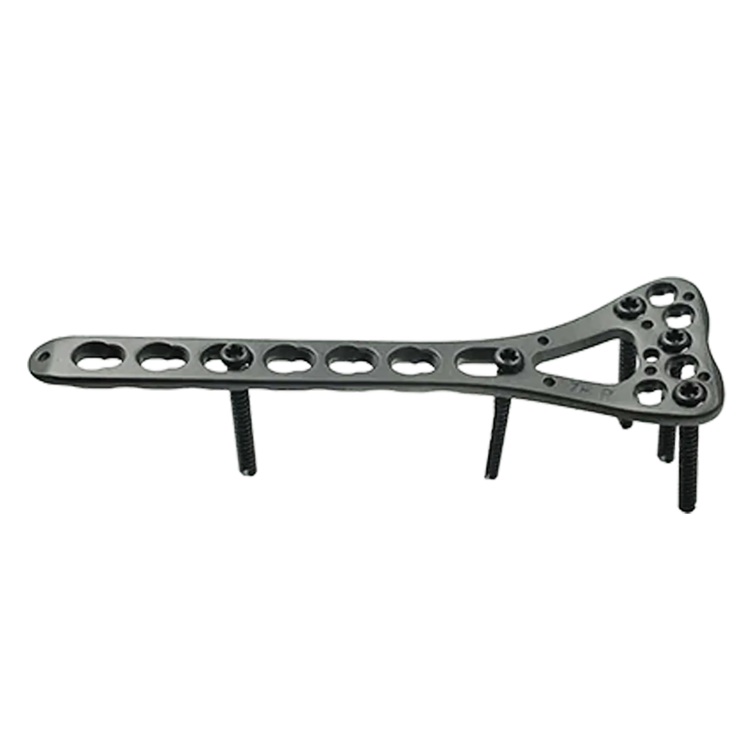 Distal radius locking plate 7H on head with 2.7mm locking screws, side view