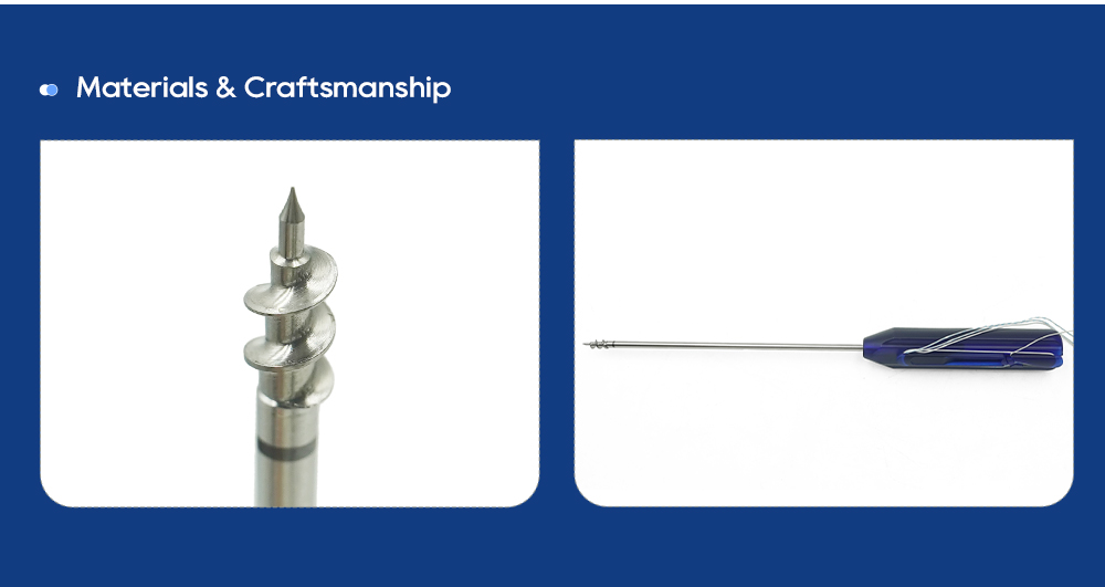 TC4 titanium alloy threaded suture anchor close-up and 304 stainless steel inserter shaft