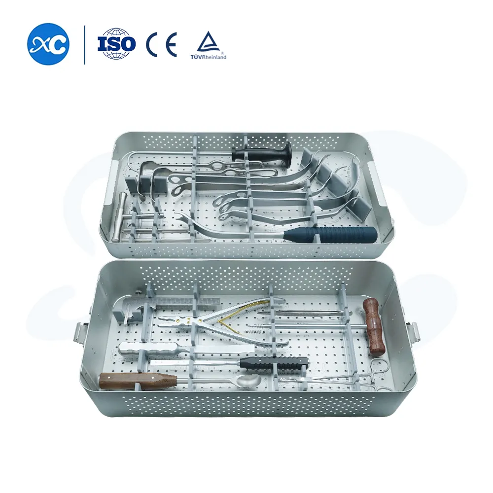 Forceps, rongeur and handles in lower hip instrument tray