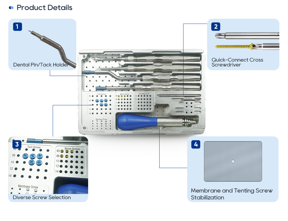 GBR kit details: dental pin tack holder, quick-connect cross screwdriver, diverse screw selection and membrane tenting screw stabilization