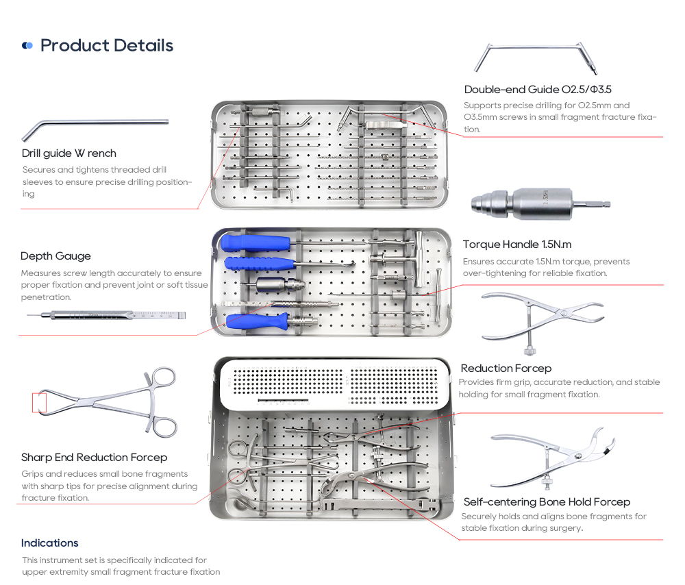 Pojedinosti o ortopedskom instrumentu: ručka zakretnog momenta 1,5 Nm, mjerač dubine i pinceta za smanjenje kostiju