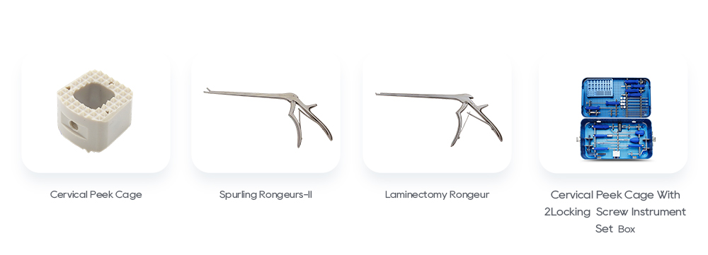 Related cervical spine products including cervical PEEK cage, Spurling rongeurs and laminectomy rongeur
