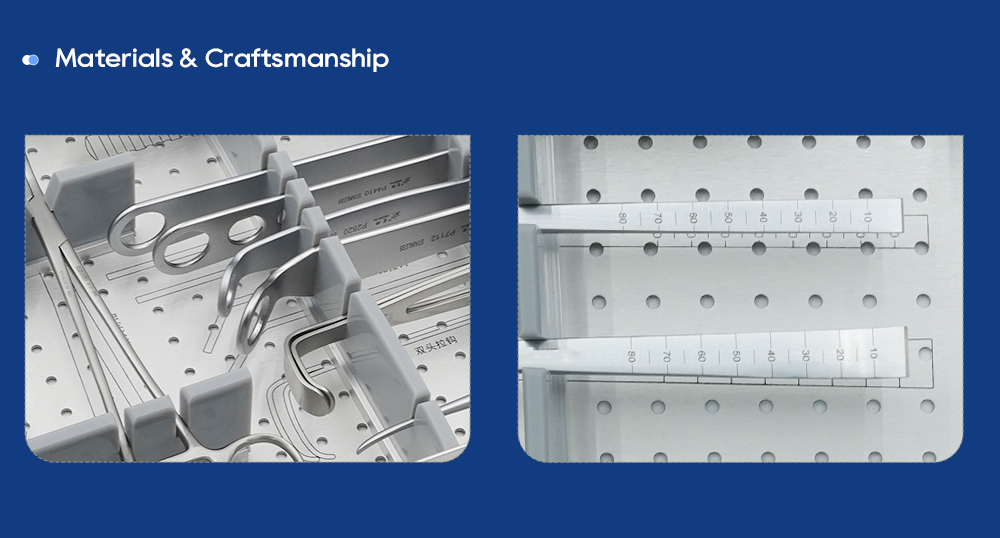 Polished stainless steel knee retractors and graduated osteotomes in sterilization tray