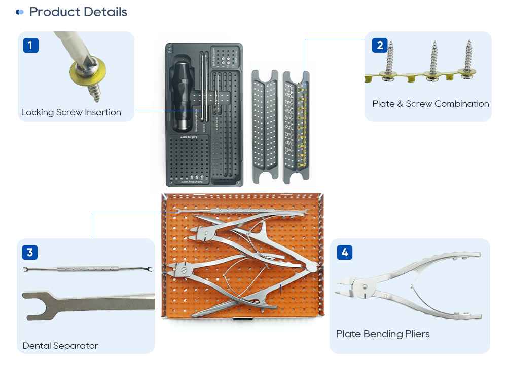 Hybrid IMF instruments: locking screw insertion, plate and screw combination, dental separator and plate bending pliers