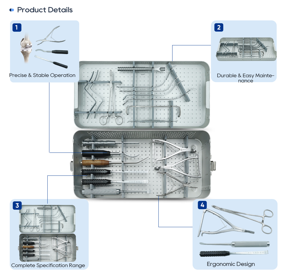Knee surgery instrument set details: bone retractors, levers, osteotomes, forceps and spreaders in two trays