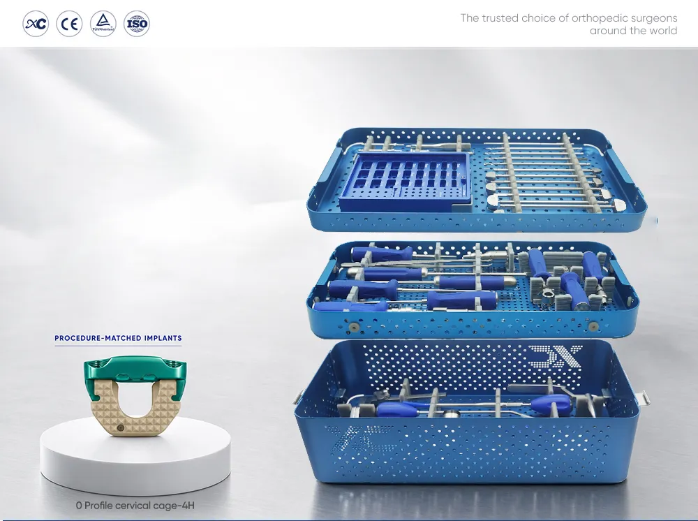 Zero-profile PEEK cervical cage with 4 locking screws dedicated instrument set in three blue trays