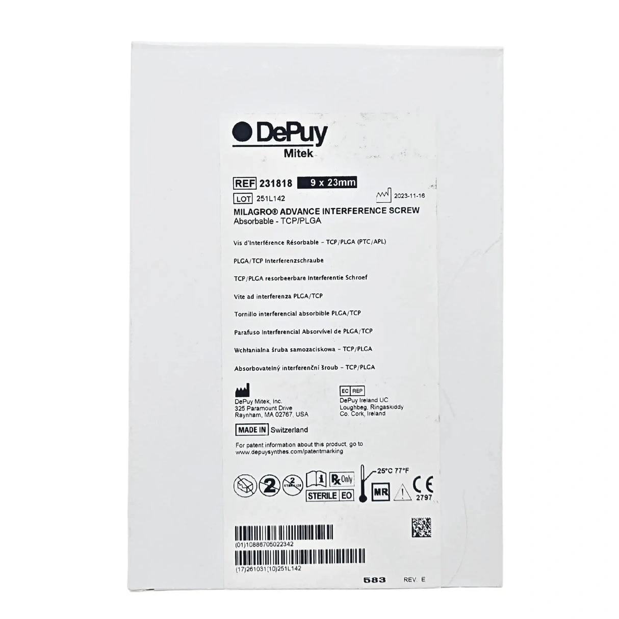 DePuy Mitek MILAGRO ADVANCE interference screw packaging