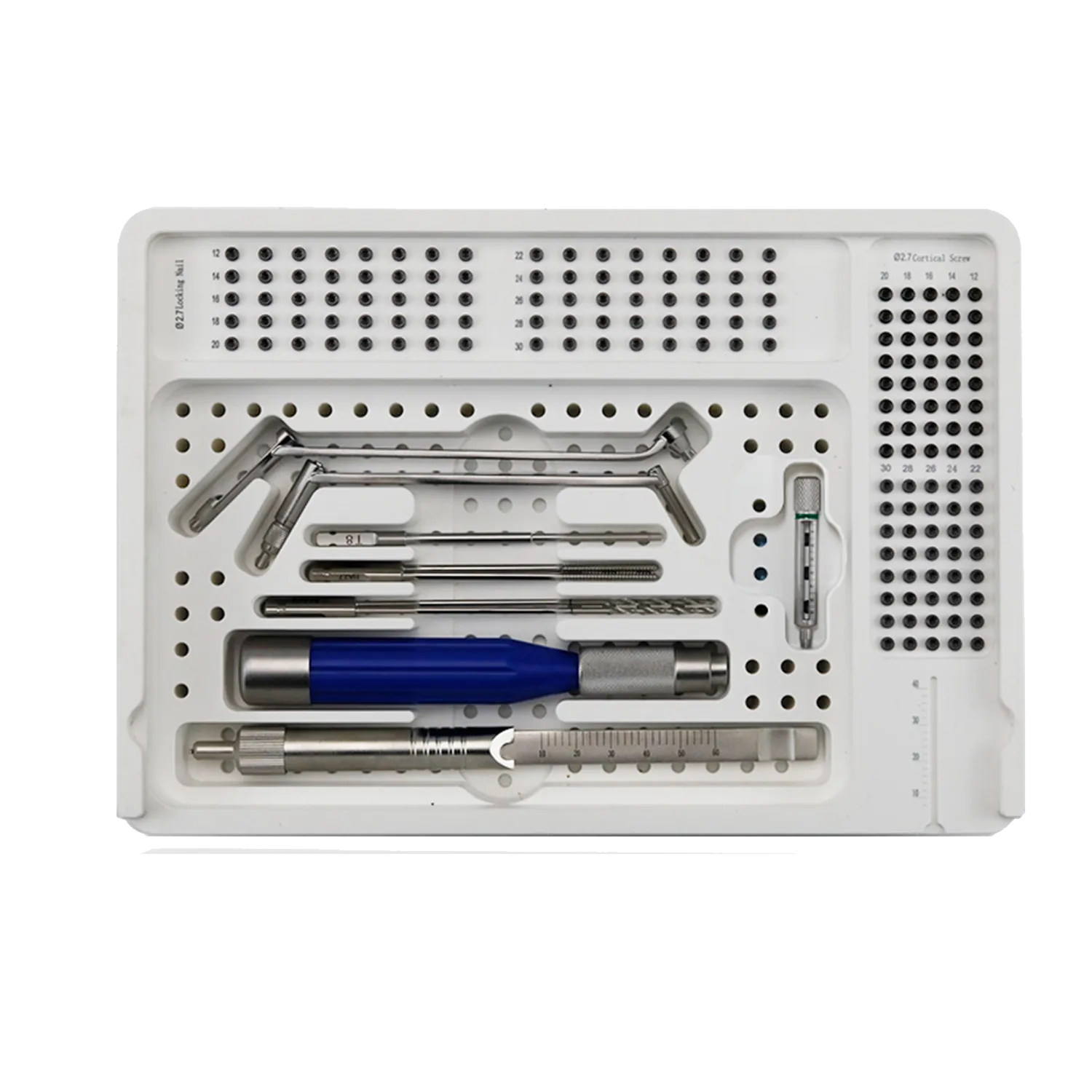 Distal radius instrument set tray with drill guides and Stardrive screwdriver