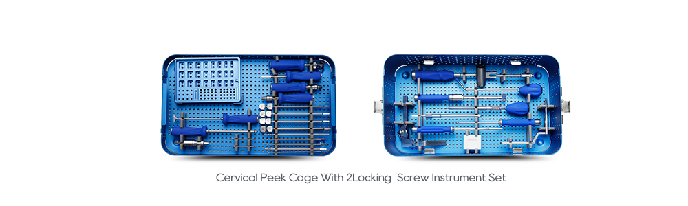 Cervical PEEK cage with 2 locking screws instrument set and sterilization tray