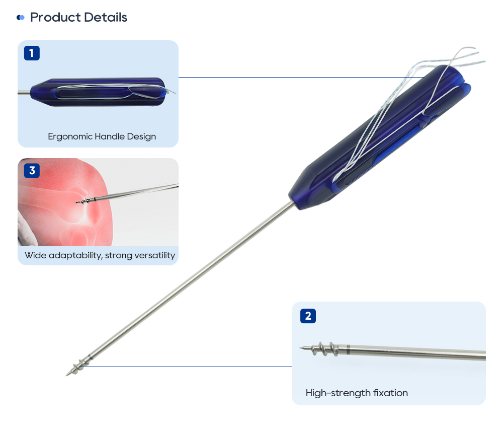 Titanium suture anchor inserter details: ergonomic handle, threaded anchor tip and shoulder ligament application