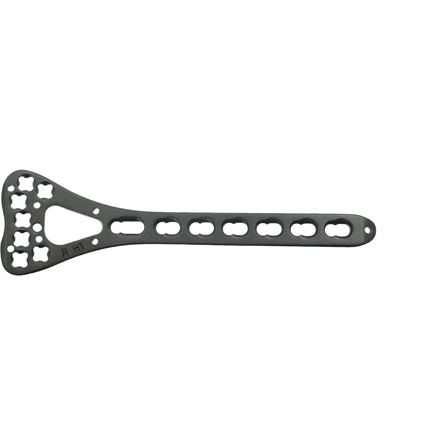 Distal radius locking plate 7H on head, front view with 7-hole head and shaft holes