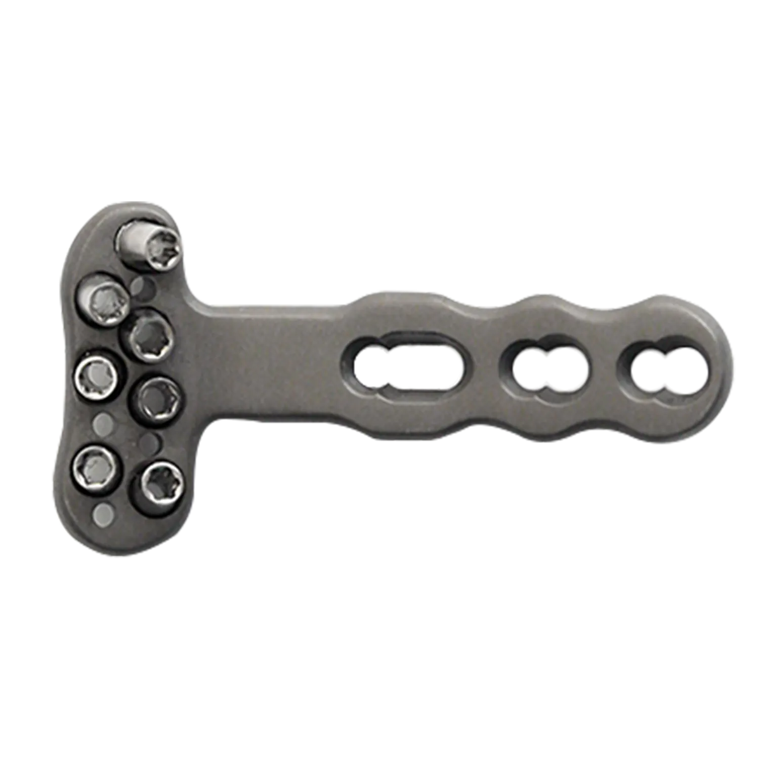 T-shaped distal radius locking plate DVR, top view with 7 head holes