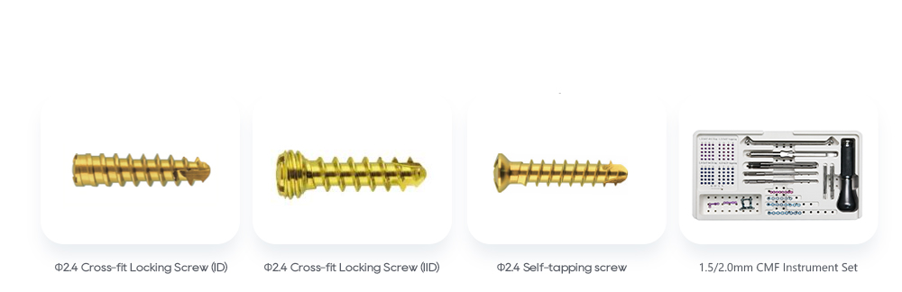 Gerelateerde maxillofaciale producten: 2,4 mm kruisvormige borgschroeven en 1,5/2,0 mm CMF-instrumentenset
