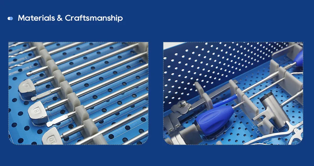 Stainless steel cervical cage trial and drill guide instruments in blue sterilization tray
