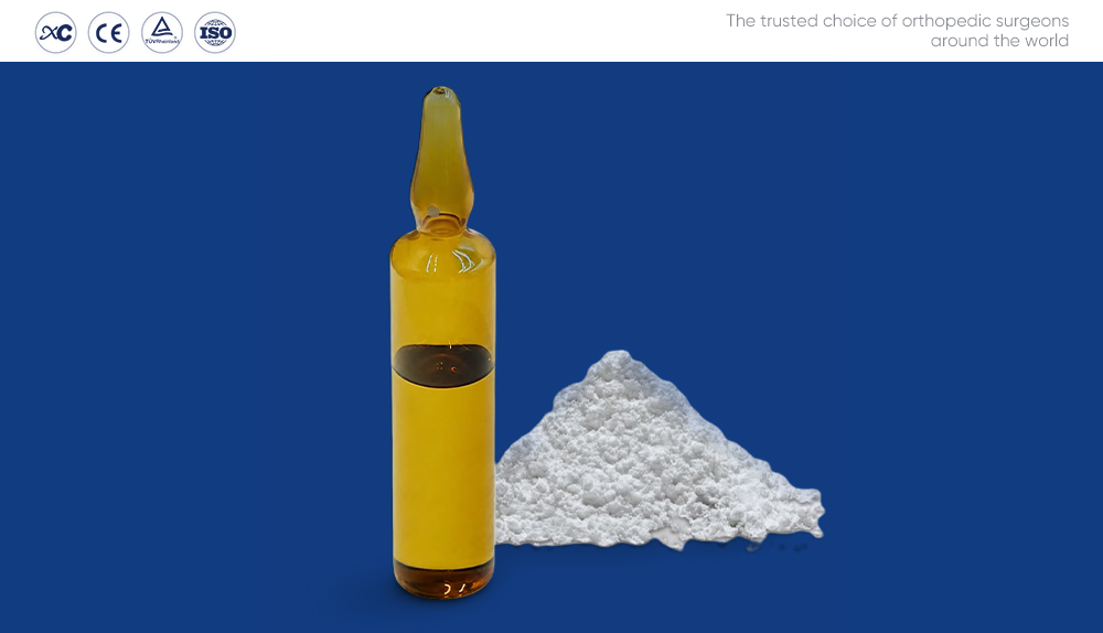 Joint bone cement antibiotic: amber liquid monomer ampoule and PMMA bone cement powder