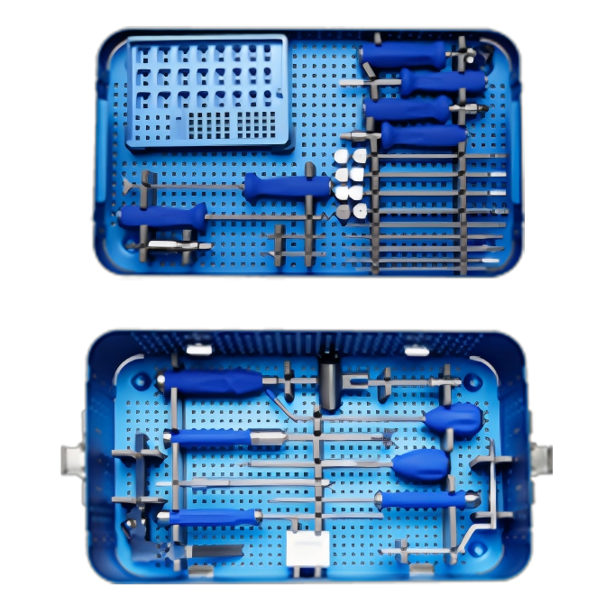 Cervical PEEK cage with two locking screws instrument set