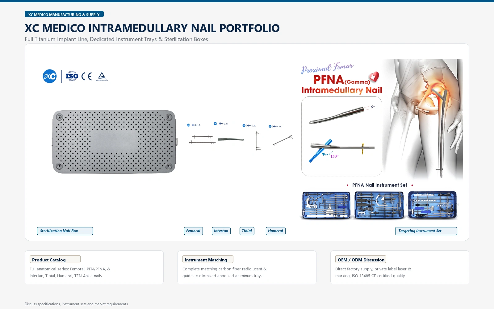 XC Medico intramedullary nail products and associated instrument sets
