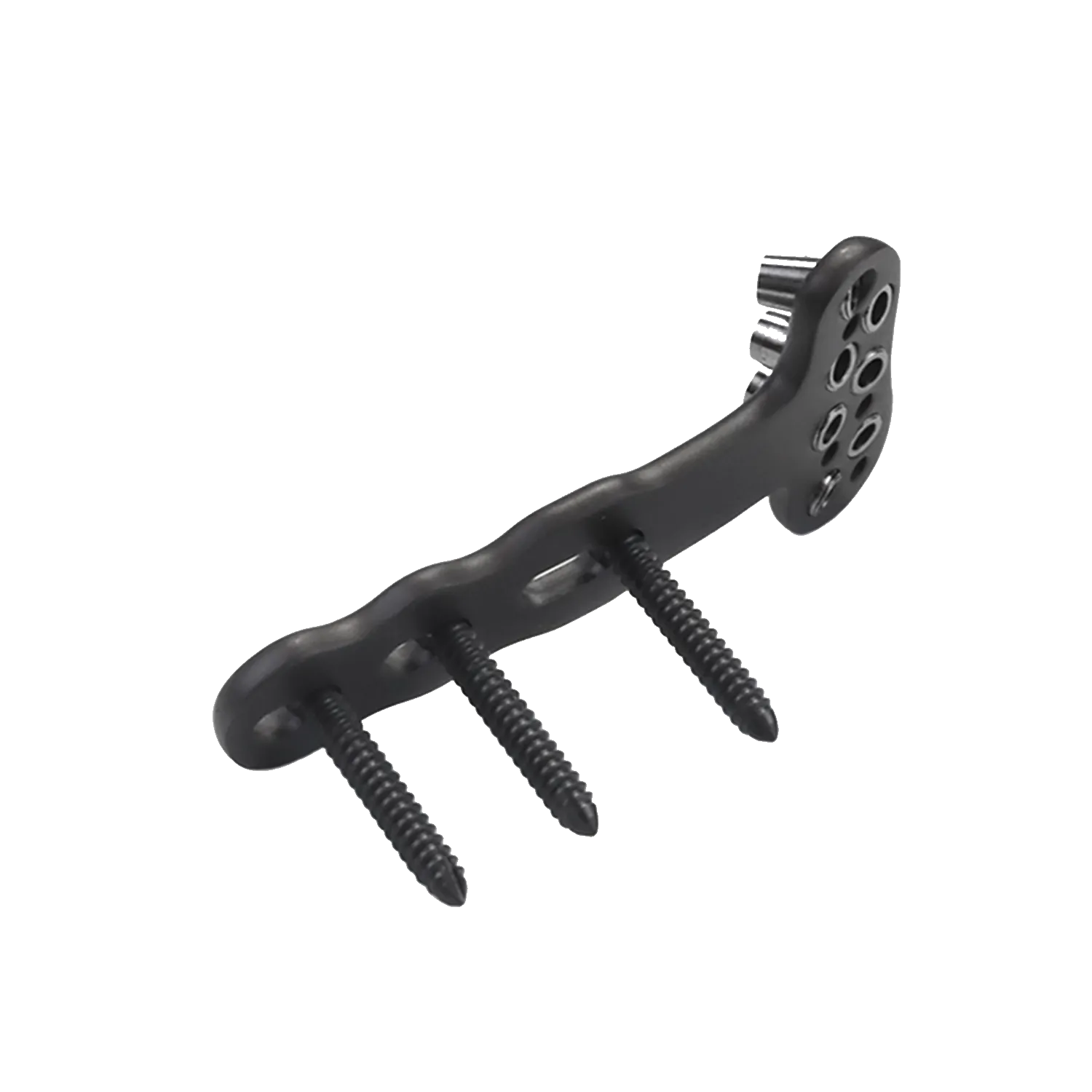 Oxidized surface finish of the DVR distal radius volar plate, side view with screws