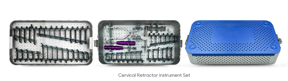Ensemble ya ba instruments ya r&eacute;tracteur cervical organis&eacute; na ba plateaux ya st&eacute;rilisation bleu