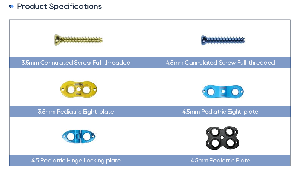 Pediatric orthopedic implant specifications including locking plates and screws